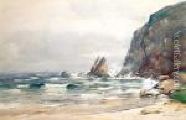 Waves Breaking On The Rocky Shore Oil Painting - David West