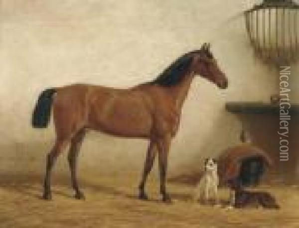 Chat-botte Met Snip En Snoek: Horse And Dogs In A Stable Oil Painting - Willem Carel Nakken