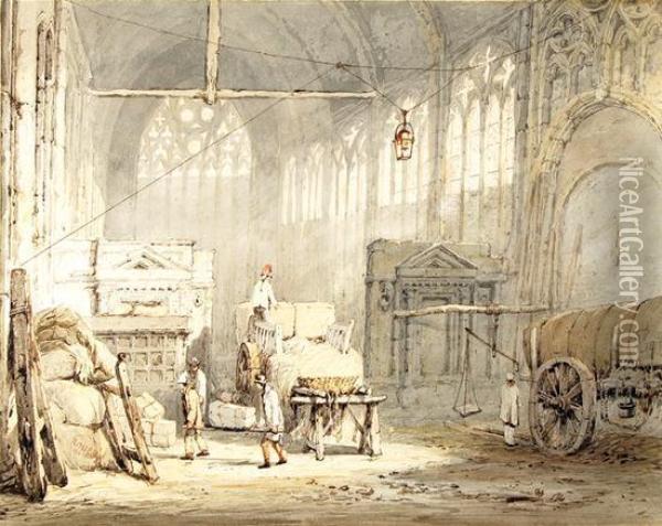 Both Depicting It Being Usedas A Barn Or Warehouse, With Figures Unloading Carriages Oil Painting - Samuel Prout