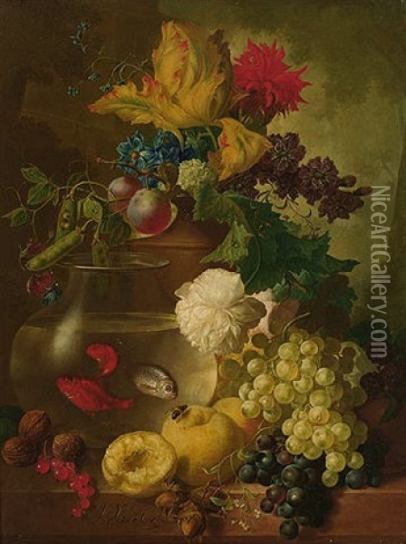 Still Life Of Fruit And Flowers, Together With Walnuts And Hazelnuts, A Bird's Nest And A Goldfish Bowl, A Landscape Beyond Oil Painting - Jan van Os
