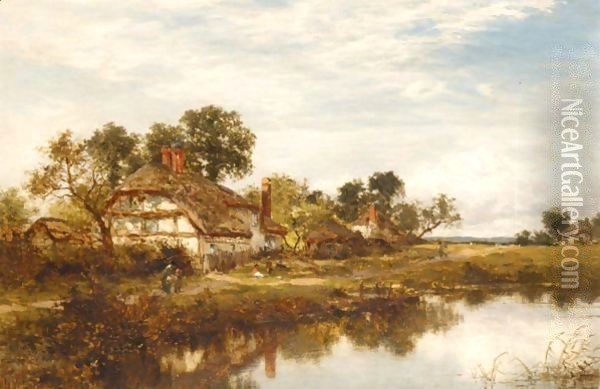 Figures Outside A Cottage By A Stream Oil Painting - Benjamin Williams Leader