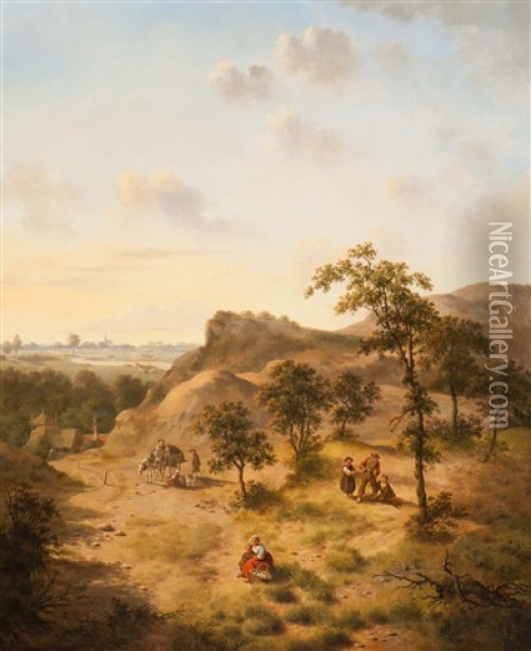 Wood Gatherers And Folk On A Wooded Hill Oil Painting - Jan Hendrik Verheyen
