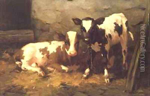 Calves in a Barn Oil Painting - David Gauld