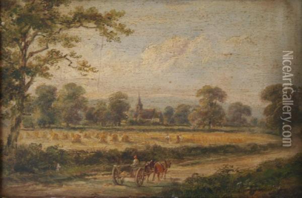 Harvest Scene With A Farmer's Cart Oil Painting - Henry Earp