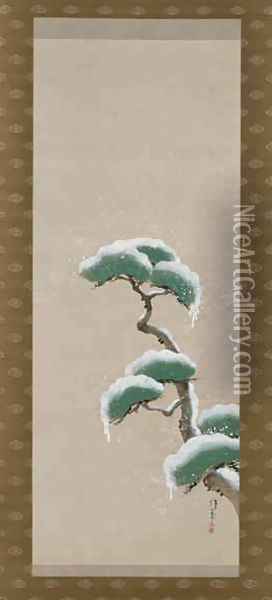 Hanging Scroll Depicting A Snow Clad Pine Oil Painting - Sakai Hoitsu