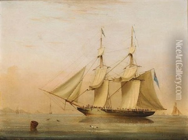 A 16-gun Royal Navy Brig Anchored Offshore Drying Her Sails Oil Painting - Nicholas Matthew Condy