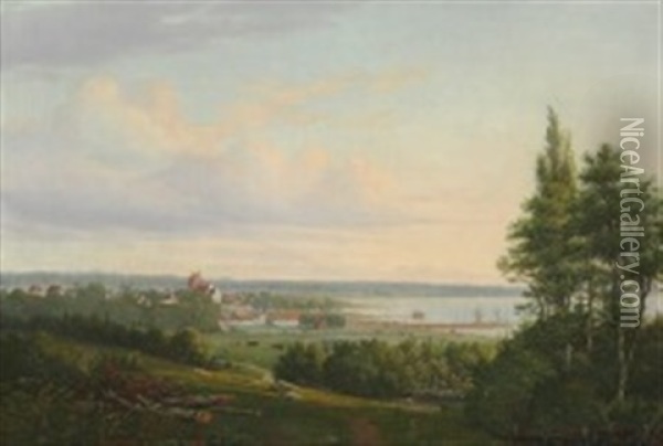 View Over Sankt Jorgensbjerg (bjerget) With Roeskilde Fjord Oil Painting - Thorald Brendstrup