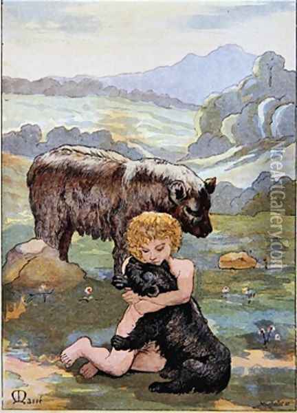 Jean LOurs as a Child playing with a baby Bear Oil Painting - Masse