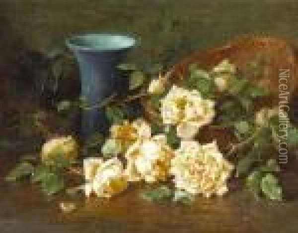 A Basket Of Yellow Roses And A Blue Vase Oil Painting - Edith White