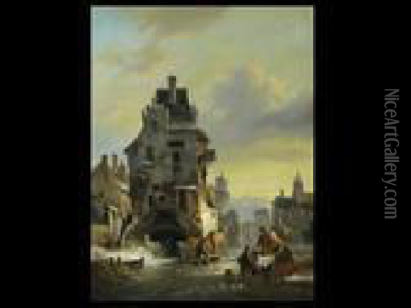 Hollandische Stadt Im Winter Oil Painting - Wijnandus Johannes Josephus Nuijen