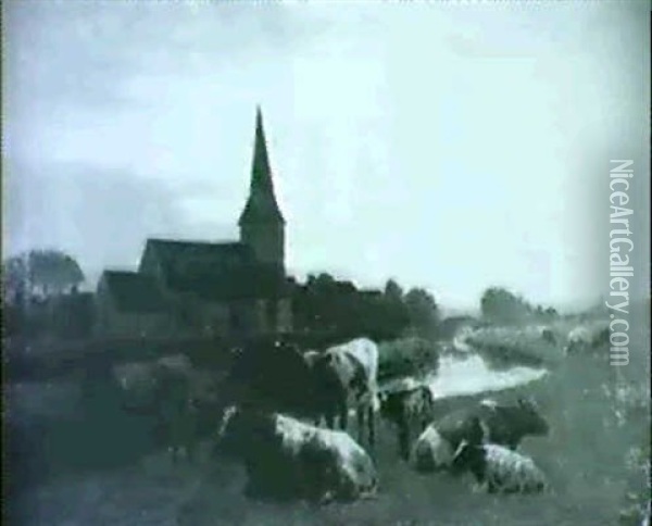 Herd Grazing Near Village Church, Evening Oil Painting - William Sidney Cooper