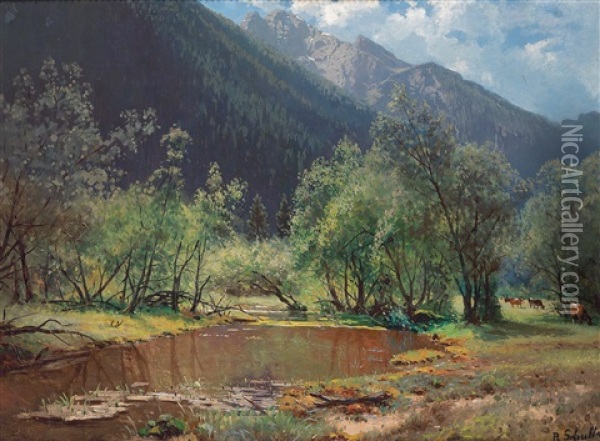 A Pond With Cows In The Sunlight Oil Painting - Robert Schultze