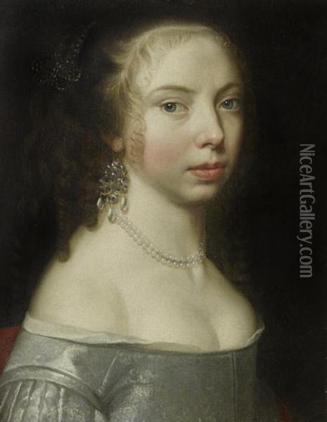 Portrait Of A Lady, Bust-length, In A Blue Silk Dress, With A Pearl Necklace Oil Painting - Adriaen Hanneman