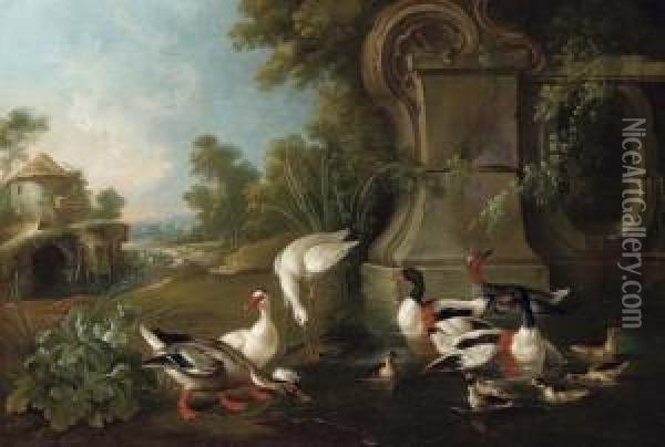 Fontana Con Anatre, Anatroccoli e Altri Volatili In Un Paesaggio Oil Painting - Jacques Charles Oudry