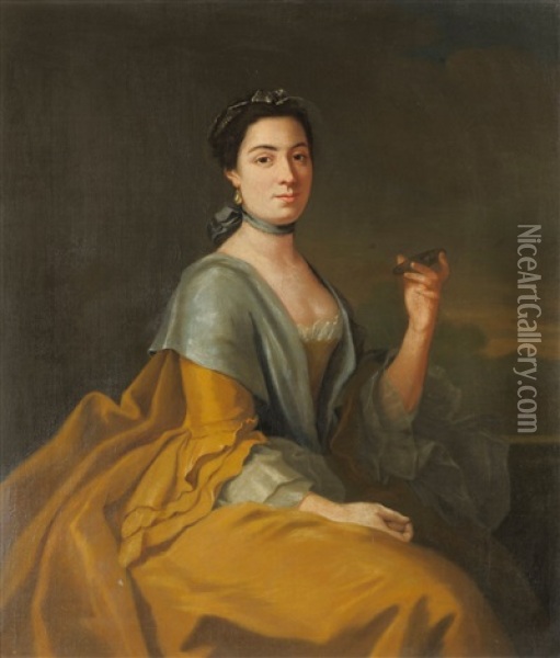 Portrait Of Peg Woffington, Seated On A Terrace, Holding An Oyster In Her Left Hand Oil Painting - Francis Hayman