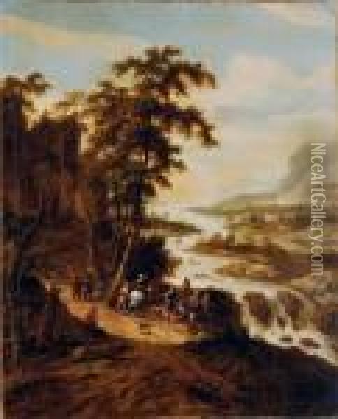 Travelers In A Panoramic River Landscape Oil Painting - Dionys Verburgh