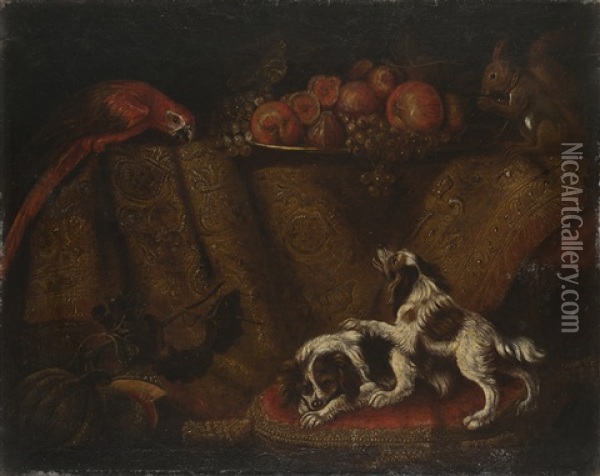 Composizione Di Frutta Su Vassoio E Drappo, Con Coppia Di Cani E Pappagallo Oil Painting - Antonio Gianlisi