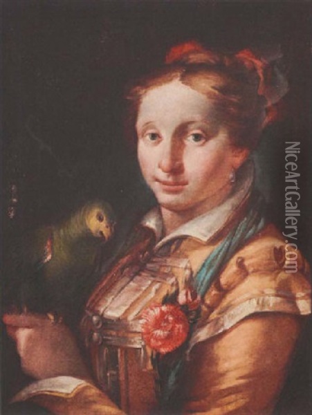 A Young Lady Holding A Parrot Oil Painting - Giovanni Raggi
