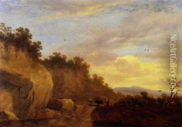 An Italianate Landscape With Herdsmen And A Cow Crossing A Bridge Oil Painting - Pieter De Molijn