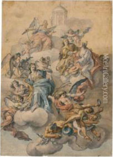 Design For A Ceiling Decoration:
 The Apotheosis Of A Young Man Surrounded By Allegorical Figures Oil Painting - Fedele Fischetti