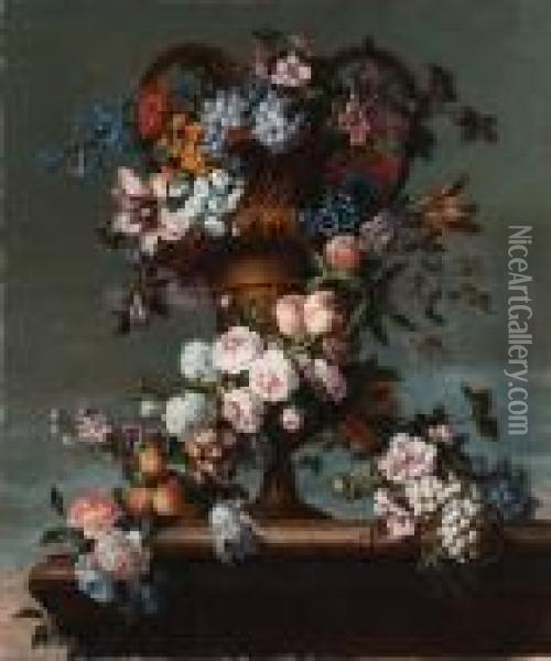 Grapes, Peaches, Plums, Roses, 
Hyacinth, Hydrangea And Otherflowers Entwined Around A Bronze Vase Oil Painting - Jean-Baptiste Monnoyer