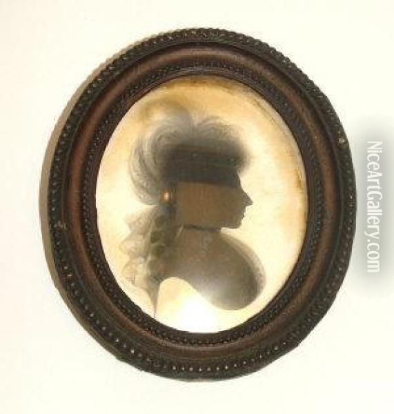 Depicting A Lady Bust Length In Profile, Wearing A Frilled Collar; Painted On Plaster, Bears Broken J Miers, Leeds, Trade Label Attached To The Reverse, Oval, 8.5x7cm Oil Painting - John Miers