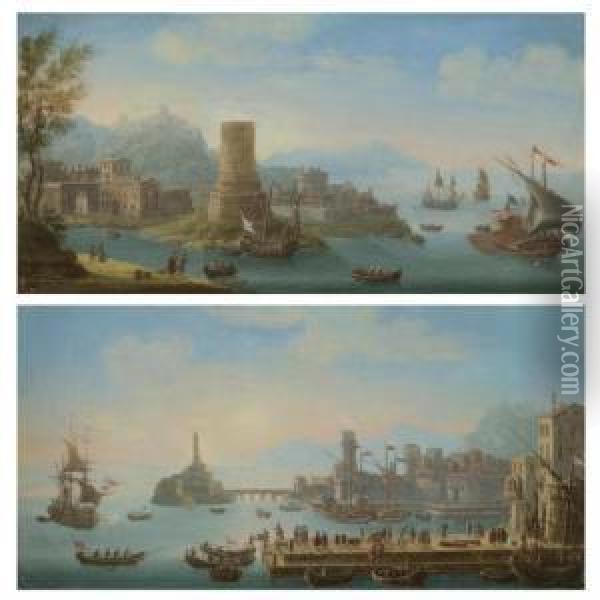 A Mediterranean Harbour Scene 
With Numerous Figures On The Quay And A Man-o-war At Anchor; A 
Mediterranean Estuary Scene With An Ottoman Barge Oil Painting - Orazio Grevenbroeck