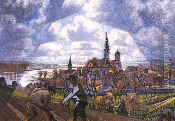 View of Szentendre with Digging Peasants 1922 Oil Painting - Sidney Harold Meteyard