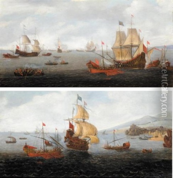 An English Frigate Flanked By Levantine Galleys (+ Two Dutch Men-o'-war Accompanied By Levantine Galleys; Pair) Oil Painting - Caspar van Eyck