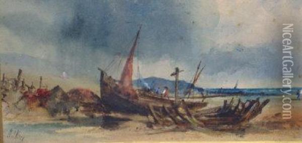 A Fishing Boat On A Beach Oil Painting - George Knox