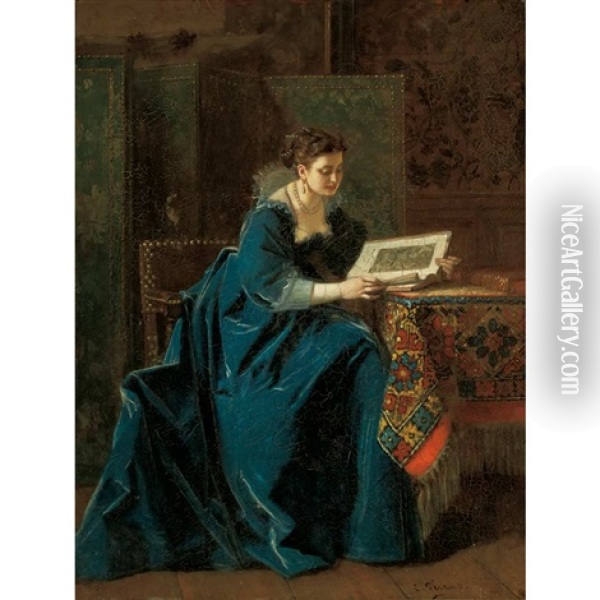 Woman Reading In An Interior Oil Painting - Charles Francois Pecrus