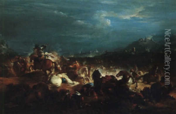 A Cavalry Engagement Before A Fortified City Oil Painting - Ignace Jacques Parrocel
