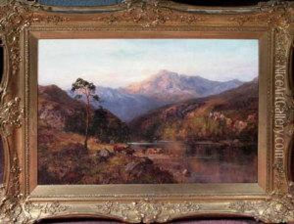 A View In The Highlands With Cattle Watering At A Riverbank Oil Painting - John Falconar Slater