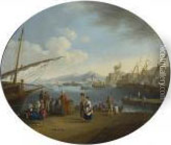 Citta' Portuale Con Pescatori E Orientali Oil Painting - Adriaen Manglard