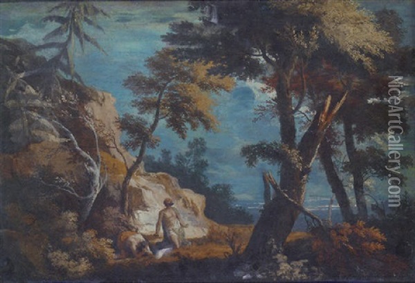 A Rocky Wooded Landscape With Two Hermits Oil Painting - Marco Ricci