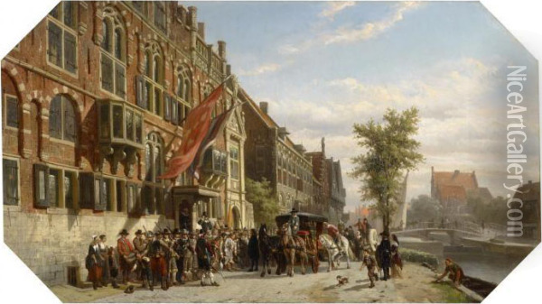 Von Grootenhuy's Visit To The Archer's Guild On The Kloveniersburgwal In Amsterdam Oil Painting - Cornelis Springer
