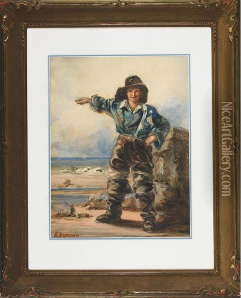 Young Clammer Signalling The Incoming Tide Oil Painting - Edward Duncan