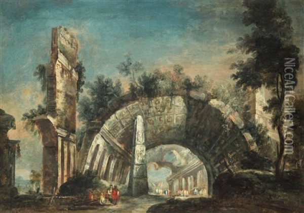 Capriccio Mit Romischen Ruinen (+ Another; Pair) Oil Painting - Antonio Stom