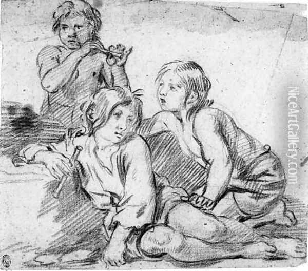 Three boys playing the flute Oil Painting - Giovanni Andrea Sirani