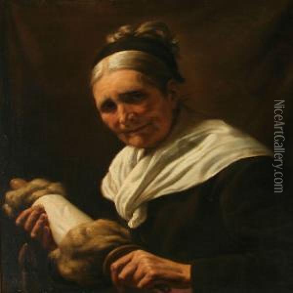 An Elderly Woman With Her Yarn Oil Painting - Frans Schwartz