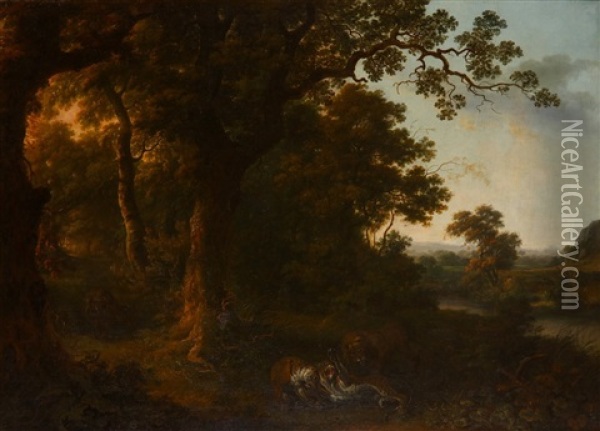 Lions And Leopards In A Wooded Landscape Oil Painting - George Barret