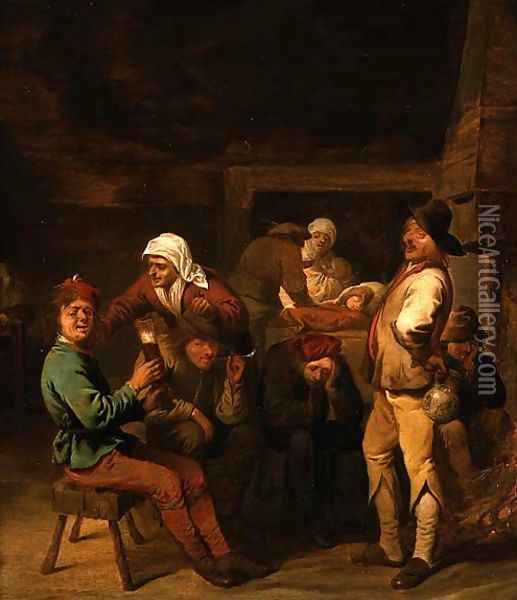 A Tavern Interior with Peasants Smoking and Drinking by the Fire Oil Painting - Pieter Jansz. Quast