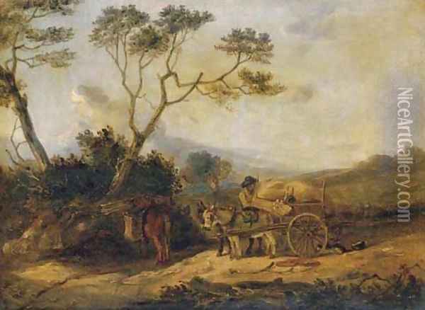 A peasant loading wood on to a donkey cart Oil Painting - Edmund Bristow