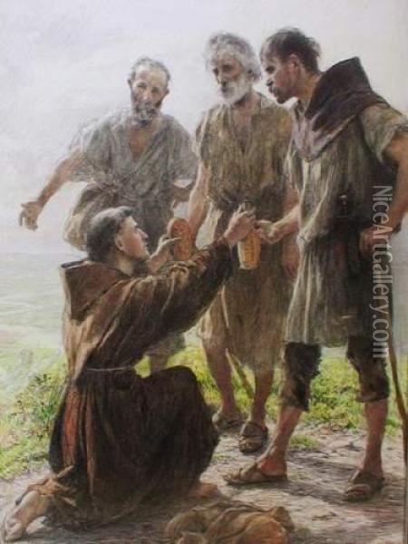 Saint Ange Se Prosternant Devant Trois Brigands Qu'il A Offenses Et Les Convertit Oil Painting - Eugene Burnand