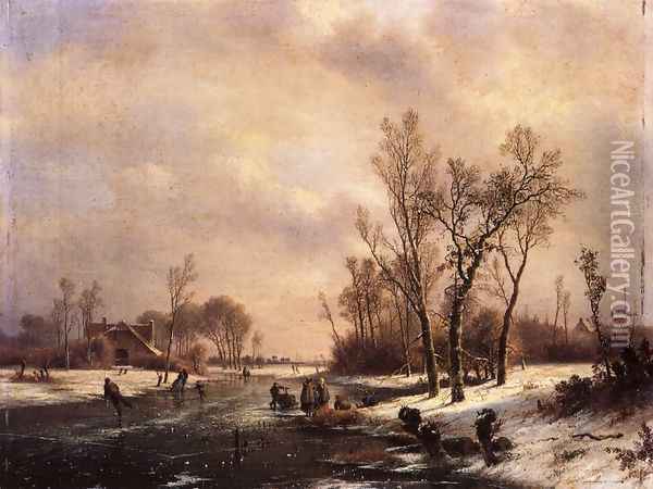 A Winter Landscape with Skaters on a Frozen River Oil Painting - Pieter Lodewijk Francisco Kluyver
