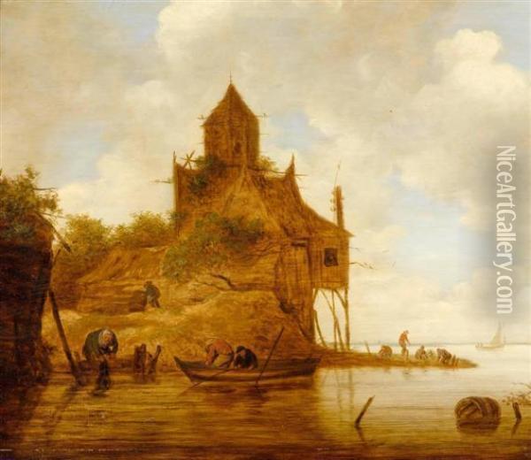 Fishermen At The Shore Oil Painting - Jan van Goyen