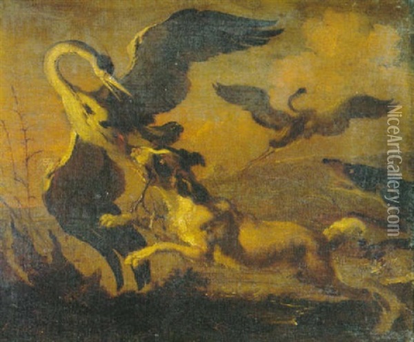 Dogs Attacking Herons Oil Painting - Abraham Danielsz Hondius