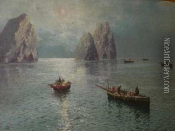 Faraglioni A Capri Con Barche Di Pescatori Oil Painting - Giovanni Cavalleri
