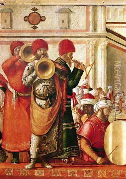 St. George Baptising the Gentiles (detail of musicians on the left hand side) 1501-07 Oil Painting - Vittore Carpaccio