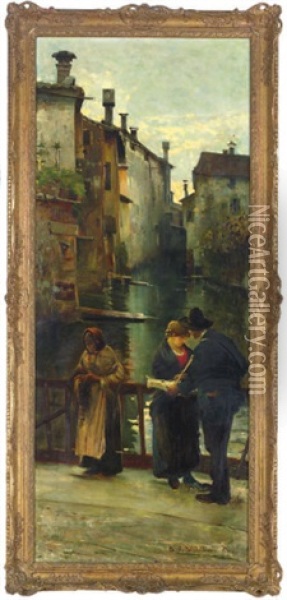 Figures On A Bridge Over A Canal Oil Painting - Angelo dall' Oca Bianca